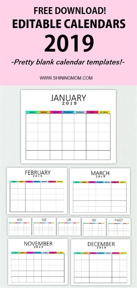 Editable Free Blank Calendar Template January 2019 Calendar Fillable