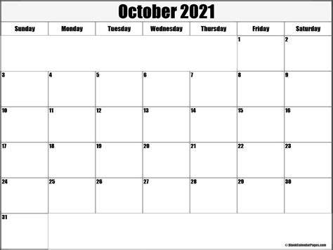 Monthly Calendar Printable October 2021 Calendar Printables Free Blank