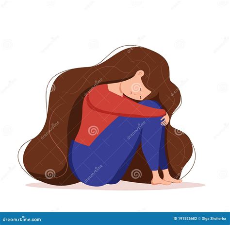 Depressed Sad Lonely Woman In Anxiety Sorrow Vector Cartoon