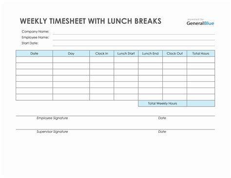 Weekly Timesheet With Lunch Breaks In Excel