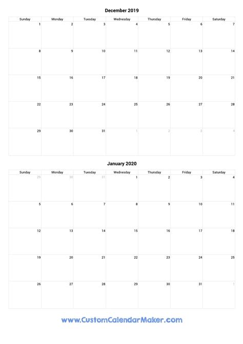 December 2019 And January 2020 Printable Calendar Template