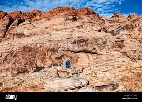 Visitor Explores Red Rock Canyon National Conservation Area About 20 Miles From Las Vegas Stock