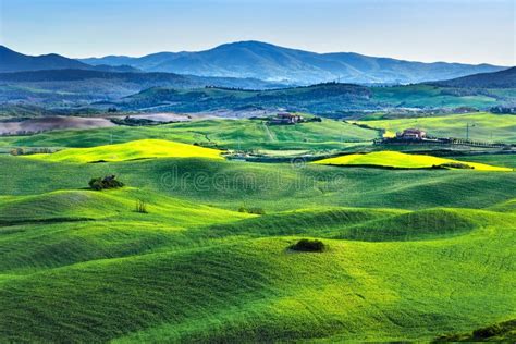 Tuscany Spring Rolling Hills On Sunset Volterra Rural Landscap Stock