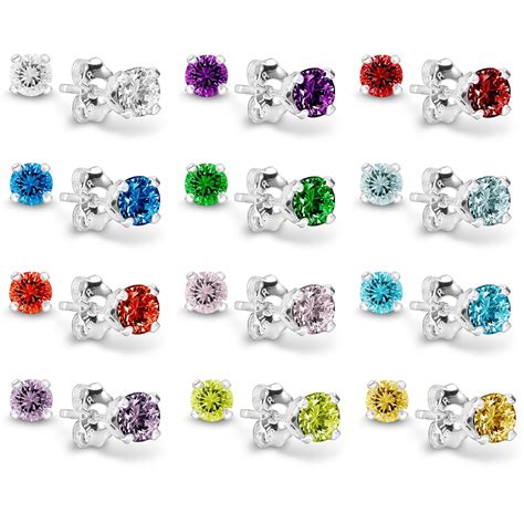 12 Pcs Pack Birthstone Stud Earrings 4 Mm 925 Sterling Silver With