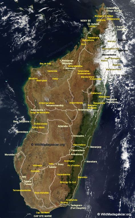 Madagascar Satellite Map With Parks Cities And Roads Labeled