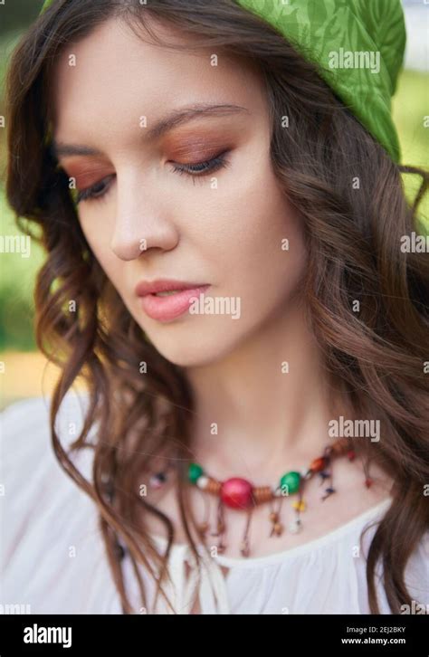 Close Up Portrait Of The Beautiful Young Boho Hippie Girl With Closed
