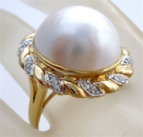 14k Yellow Gold Mabe Pearl And Diamond Ring Vintage The Jewelry Ladys