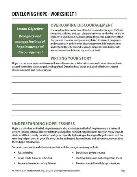 Developing Hope Worksheet 1 Cod Journey To Recovery