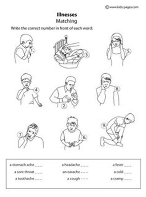 At the doctor and pharmacy vocabulary. Illnesses Matching worksheets http://www.kids-pages.com ...