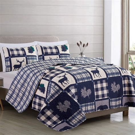 Blue Plaid Bear Deer Forest Trees Mountain Cabin Lodge Country Home
