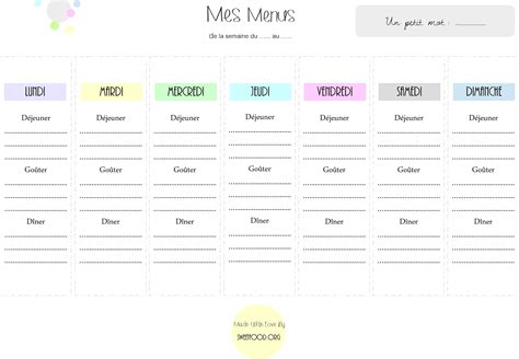 Menus hebdomadaires à imprimer Planning vierge PDF Excel