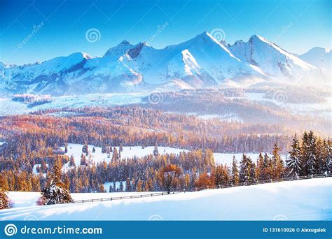 Winter Mountain Landscape Clear Blue Sky Over Snowy Mountain Peaks In