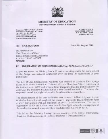 Letter to CEO Bridge International Academies Kenya ...
