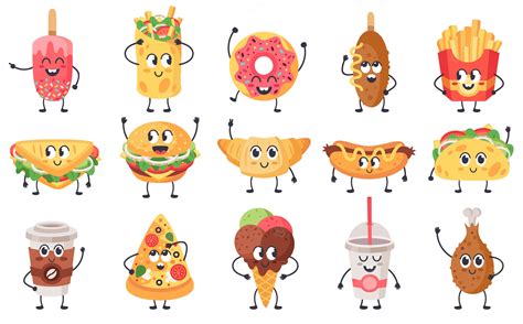 Premium Vector Funny Food Mascots Cute Doodle Junk Food Mascot Fast