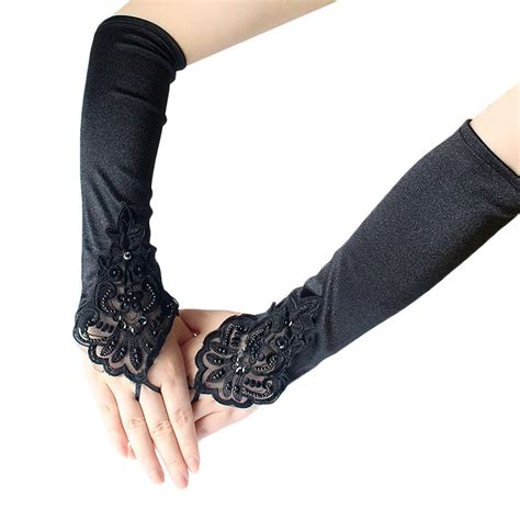 Hot Sale Womens Elbow Length Gloves Sexy Black Long Satin Fingerless