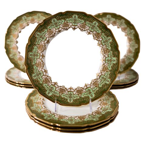 12 Tiffany Green And Gold Encrusted Dinner Plates Vintage Circa 1950s