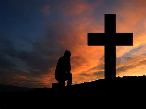 Cross Sunset Humility Devotion Silhouette Human Kneeling Knee