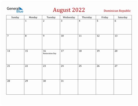 August 2022 Dominican Republic Monthly Calendar With Holidays