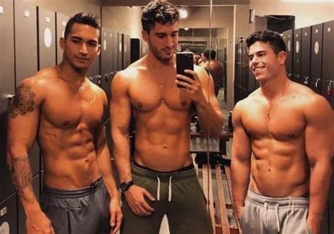 Shirtless Male Beefcake Athletic Muscular Pecs Gym Jock Hunk Trio Photo