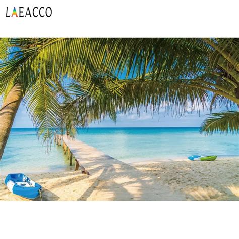 Laeacco Summer Tropical Backgrounds Sea Beach Sand Cloudy Blue Sky Holiday Scenic Photography