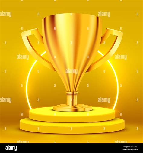 Realistic Golden Trophy On Round Podium Illuminated With Spotlight