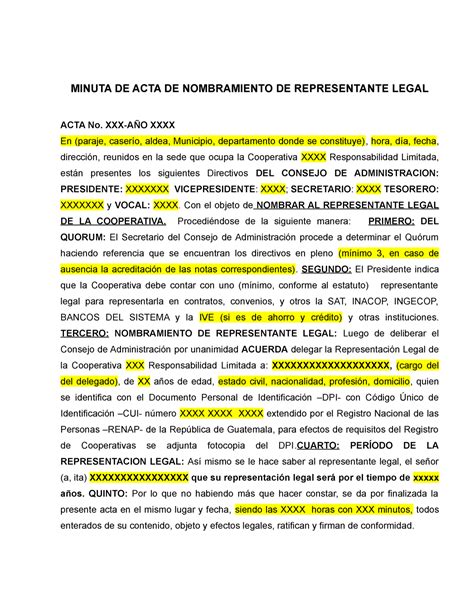 Acta Notarial De Nombramiento De Representante Legal MINUTA DE ACTA