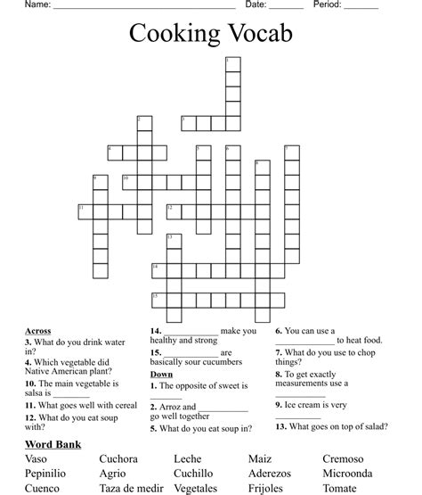 Cooking Vocab Crossword Wordmint