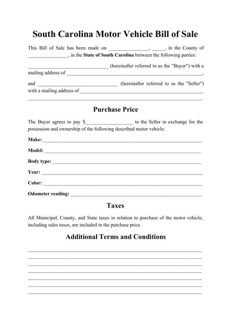 South Carolina Motor Vehicle Bill Of Sale Form Fill Out Sign Online