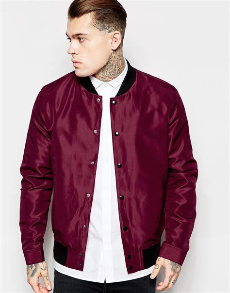 Asos Synthetic Bomber Jacket With Poppers In Burgundy In Purple For Men