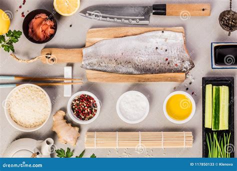 Sushi Ingredients Stock Image Image Of Grey Background 117850133
