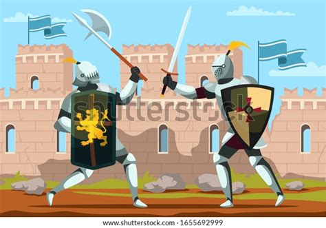 Two Armed Knights Sword Shield Fighting Stock Vector Royalty Free