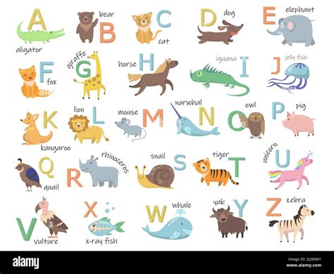 Colorido Alfabeto Zoológico Con Animales Lindos Juego De Ilustración