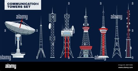 Communication Towers Set With Text And Isolated Images Of Telecom