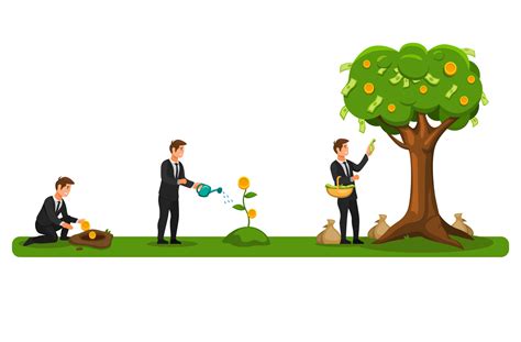 Financial Investment Future Plan Businessman Watering And Harvest Money Tree Concept In Cartoon