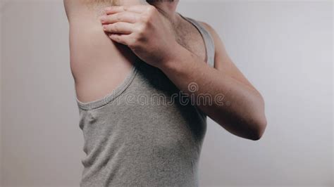 Close Up Slow Motion Shoot Of Man Touching His Hairy Armpit And Showing