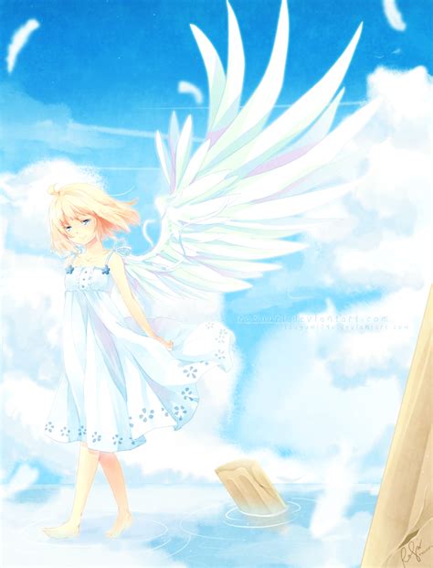 safebooru 1girl ahoge amputee angel angel wings blonde hair blue eyes borrowed character