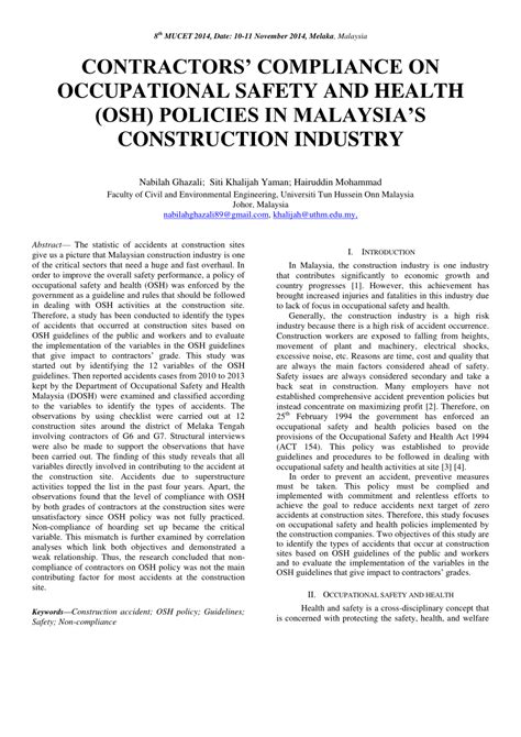 This blog is not only about the tragedies. (PDF) CONTRACTORS' COMPLIANCE ON OCCUPATIONAL SAFETY AND ...