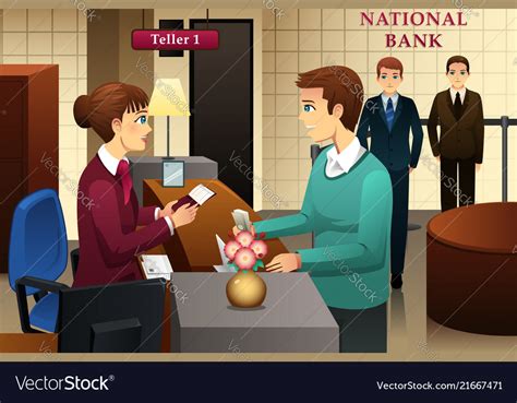 Bank Teller Servicing A Customer In Bank Vector Image