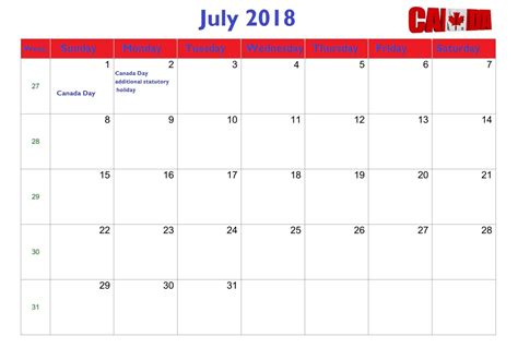 July 2018 Canada Holidays Calendar Holiday Calendar Holidays
