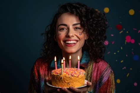 premium ai image happy woman holding a big birthday cake with candles with confetti smiling