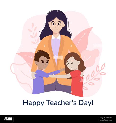 World Teachers Day Poster Concept Pretty Young Woman Hugs With Kids