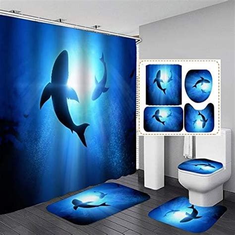 Fashionman 4pcs Fantasy Shark Shower Curtain Waterproof Fabric Cloth Polyester Bath