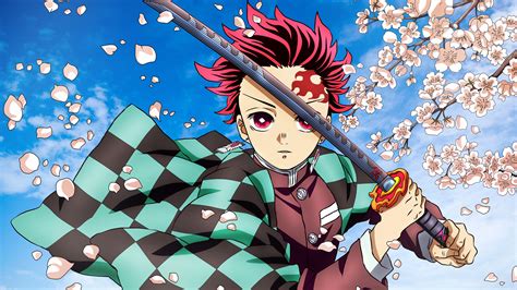 Redhead Tanjiro Kamado With Sword Standing In Blue Sky Background 4k 5k