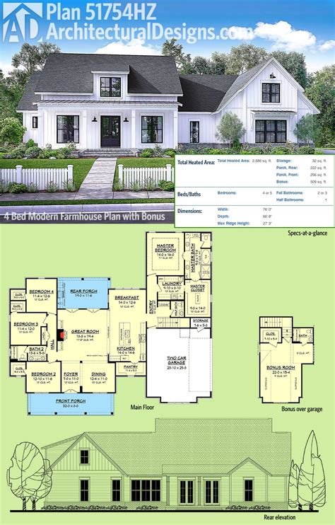 Plan 51754hz Modern Farmhouse Plan With Bonus Room Hus