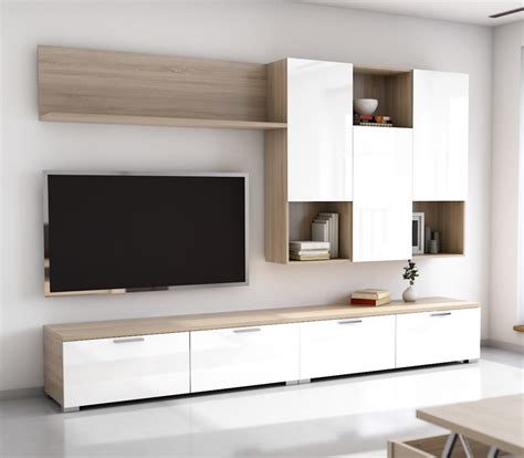 Una opción posible es estar junto al sofá o bien cerca de tu mueble para tv, de esta manera tendrás tus objetos diarios al alcance de la mano. Mueble de Salón TV roble aserrado y blanco brillo