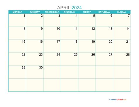 April Monday 2024 Calendar Printable Calendar Quickly