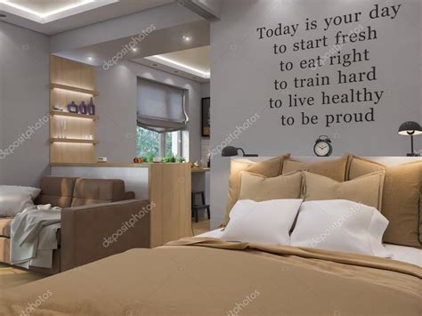 3d rendering living room, bedroom and kitchen interior design. Stock