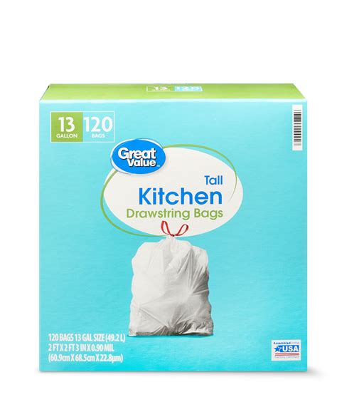 Buy products such as great value tall kitchen trash bags, 13 gallon, 80 bags (drawstring) at walmart and save. Great Value Tall Kitchen Trash Bags - 13 Gallon, 120 Bags ...