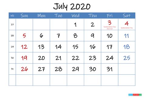 Printable July 2020 Calendar Word Template Ink20m19