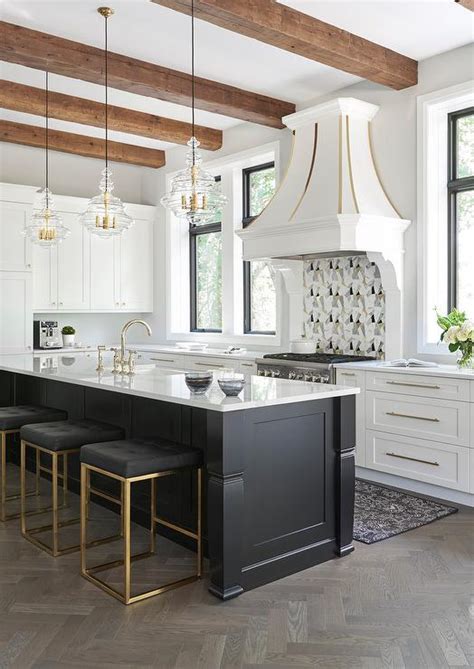 White cabinets white farmhouse since black countertops natural. Island with Gray Leather Counter Stools with Nailhead Trim ...